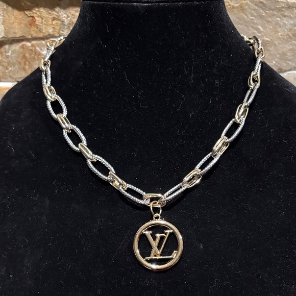 Upcycled Jewelry - Gold/Silver two tone Designer Logo Pendant Chain Necklace